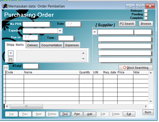 Contoh form isian PO (Purchasing order)